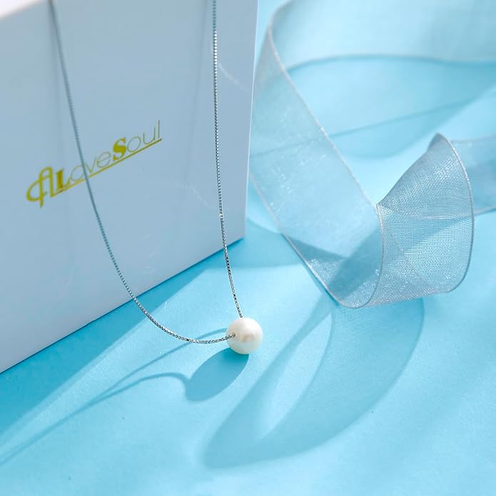 ALoveSoul Necklace for Women Girls - 925 Sterling Silver Single Pearl Necklace, Mother's Day Birthday Gift Ideas