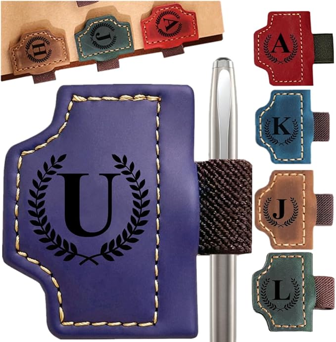 Custom Bookmark with Pen Holder with 26 Letters Personalized Magnetic Leather Book Mark, Customized Name Book Marker Clip with Initial for Men Women, Gifts for Book Lovers, Readers, (Purple, U)