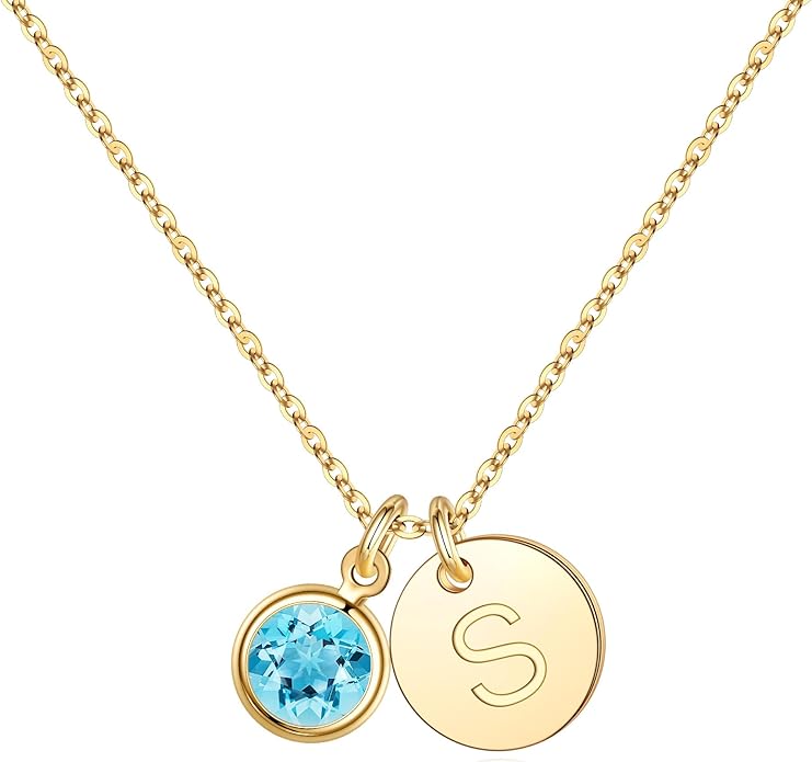 Hidepoo Initial Birthstone Necklace for Girl Women - 14K Gold Plated Disc Letter Necklace Personalized Gifts Jewelry Birthstone Initial Necklaces Birthday Gift for Female Teens Mom
