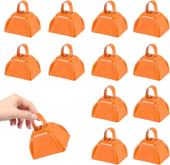 3Inch Cowbells for Sporting Events,12Pcs Metal Cow Bells Bulk Loud Noise Makers Cow Bell with Handle for Cheering Football Games Spirit Marathon Weddings Party Noisemakers, Orange