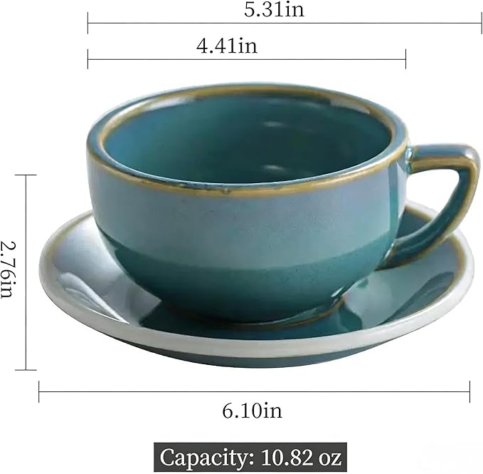Ceramic Latte Mug, 10.82oz Barista Cup with Saucer, 7mm Thickened Rim Ceramic Cappuccino Cup, Vintage Latte Art Mug for Home & Café (Kiln Transmutation Cyan)