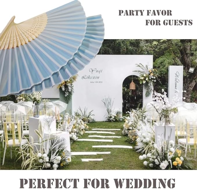 Personalized Engraved Silk Fans Folding Hand Fans with Organza Bags, 11Pcs Light Blue Summer Wedding Fans, Custom Imitated Silk-Bamboo Fans for Guests Wedding Party Favor Bridal Shower Gifts