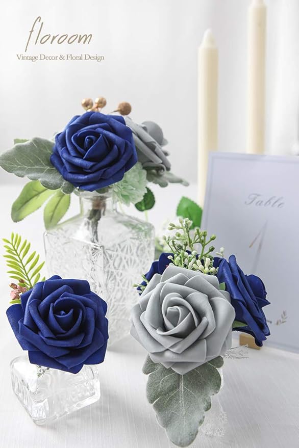 Floroom Artificial Flowers 50pcs Real Looking Royal Blue Foam Fake Roses with Stems for DIY Wedding Bouquets Bridal Shower Centerpieces Floral Arrangements Party Tables Home Decorations