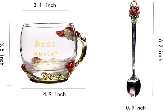 National Nurses Day Flower Glass Cup with Unique Flower Printing and Spoon - Ideal Nurse Christmas Gift (Nurse)