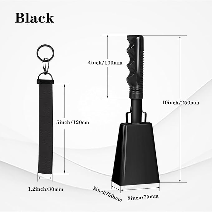 10inch Metal Cowbells with Handle, 1Pcs Cow Bells with Wrist Strap for Sporting Events, Football Games,Party, Concert, Graduations, Farm Ranch, Black