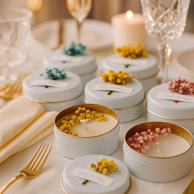 Personalized Natural Soy Wax Wedding Favor Candle Gift Set for Guest - Fall Winter Christmas Custom Dried Flower Bridal Baby Shower Gifts in Bulk (40 Pieces, Blue Flower)