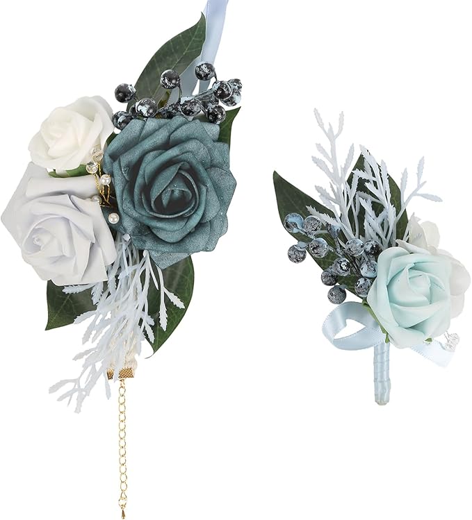 2Pcs Wedding Corsage and Boutonniere Set Blue Rose Corsage Wristlet and Boutonniere for Men Women Groom Bride Bridesmaid Groomsmen Wedding Party Accessory Prom Decoration (Blue)