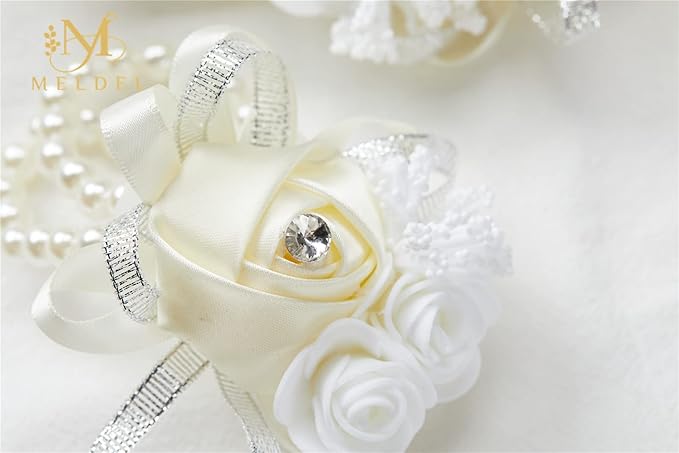 Meldel Beige Wrist Corsage for Prom, 2pcs Champagne Rose Flower Corsages for Bridal Bridesmaid Girl Women, Wrist Flower Set for Wedding Mother of Bride, Hand Flower for Homecoming Anniversary Party
