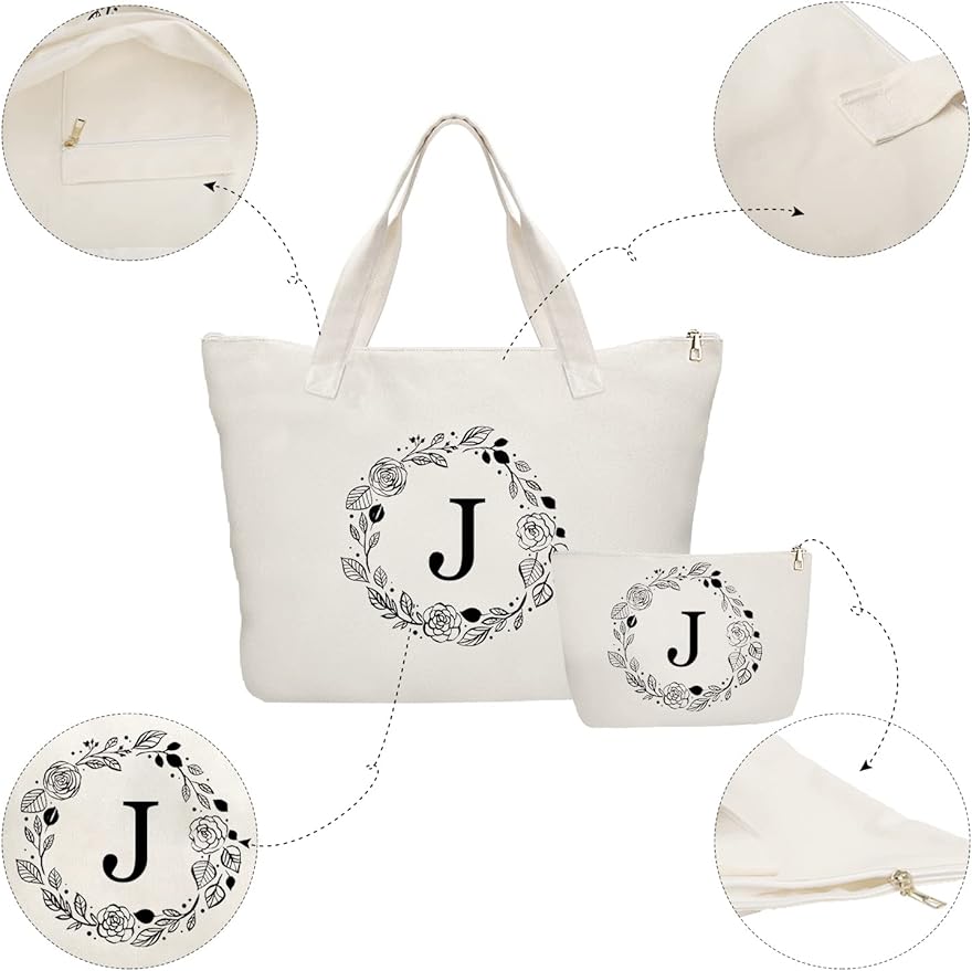 Personalized Initial Canvas Tote Bag with Zipper, Present Bag with Inner Pocket & Make Up Bag, Great Gifts for Women, Mom, Teachers, Friends, Bridesmaids