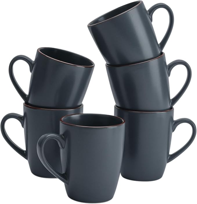 famiware Venus Coffee Mugs for 6, 14 oz Mug Set, Dringking Cup with Handle for Coffee, Tea, Cocoa, Milk, Charcoal