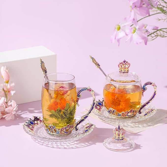 Tea Mugs for Women Purple Tea Cups with Lid Spoon Saucer Crown Glass Coffee Mug Mothers Day Gifts Thanksgiving Christmas Gift(12oz Crown)