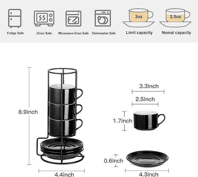 2.5oz Espresso Cups Set of 4, Porcelain Stackable Espresso Cups with Saucers and Metal Stand Set, Black Expresso Shots Cup Set for Cappuccino, Coffee Drinks, Latte, Tea
