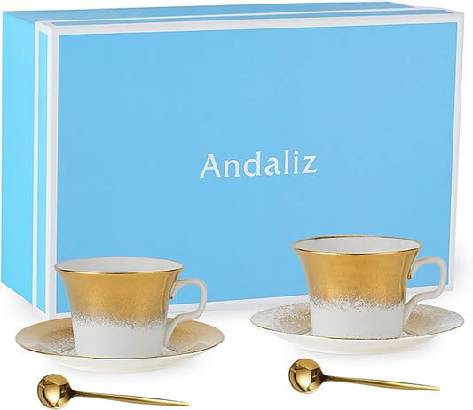 Tea Cups and Saucers Set of 2 with Gold Spoon, Ceramic Coffee Cups with Matching Plates, Handcrafted Gold & Silver Glaze, Luxury Cup & Saucer Gift Set with Box, 5oz
