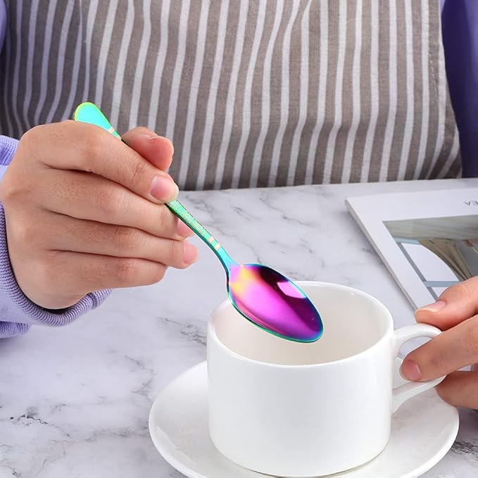 Rainbow Unique Pattern Design Coffee Espresso Spoons Mini, Mingcheng Stainless Steel Small Teaspoons Silverware Set of 12, BISDARUN 5.5 Inches Food Spoons for Demitasse Dessert Tea