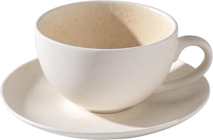 Ceramic Latte Art Mug With Saucer - 10 oz, Round Bottom For Perfect Pours - Cafe Cups for Cappuccino, Espresso, Coffee, Tea - Handmade Porcelain Set for Baristas, Great Gift - Apricot