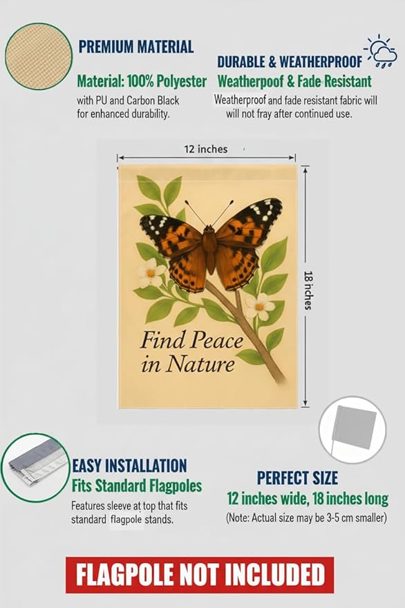 FLAGMEUP8386 Welcome Butterfly Garden Flag 12x18 Inch Double-Sided Polyester Fall Flag with Painted Lady on Branch and Blossoms, “Find Peace in Nature Quote Seasonal Lawn Decoration