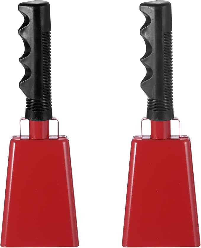 PATIKIL 9inch Cow Bells for Football Games, 2pcs Cowbells for Sporting Events Bulk Loud Noise Makers Metal Cow Bell with Handle for Cheering Competition Marathon Wedding DIY Paint, Red