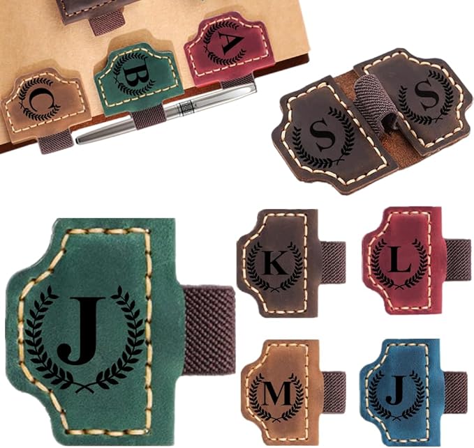 Custom Bookmark with Pen Holder with 26 Letters Personalized Magnetic Leather Book Mark, Customized Name Book Marker Clip with Initial for Men Women, Gifts for Book Lovers, Readers, (Green, J)