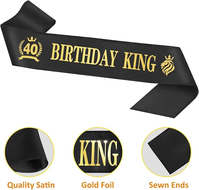 40th Birthday Gifts for Men, 40th Birthday Decorations for Men, Party Decor Supplies including King Crown & Sash & Banner & Balloons & Cake Topper & Candles