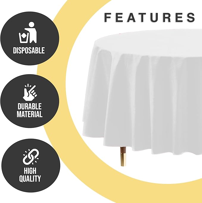 Exquisite 66% Thicker Premium White Round Tablecloth 0.5 Mil 24 Pack Plastic Table Cloth Disposable 84 Inch Round Plastic Tablecloth Won't Tear Easily Like Cheap Thin Brands