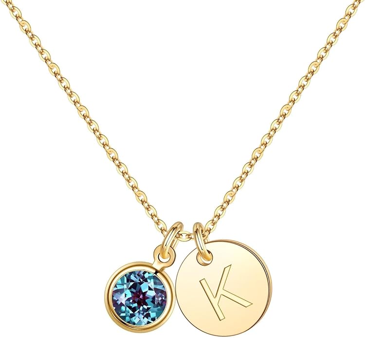 Hidepoo Initial Birthstone Necklace for Girl Women - 14K Gold Plated Disc Letter Necklace Personalized Gifts Jewelry Birthstone Initial Necklaces Birthday Gift for Female Teens Mom