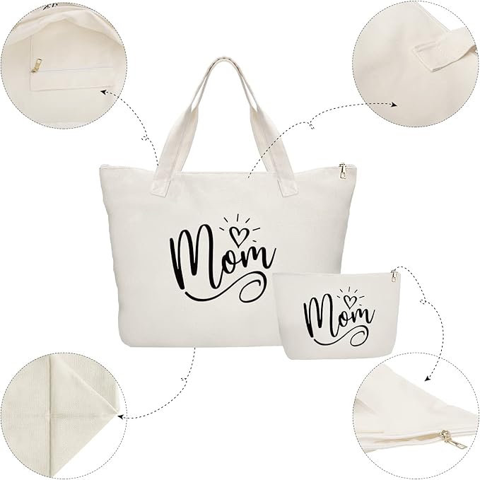 Mothers Day Gifts for Mom-Mom Mommy Canvas Tote Bag with Makeup Bag-Great Gifts for Mom, New Mom,Mom to be on Mothers Day,Birthday