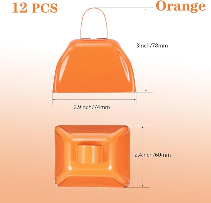 3Inch Cowbells for Sporting Events,12Pcs Metal Cow Bells Bulk Loud Noise Makers Cow Bell with Handle for Cheering Football Games Spirit Marathon Weddings Party Noisemakers, Orange