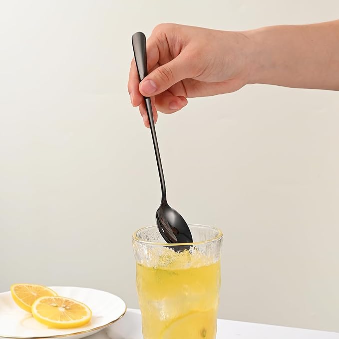 7.5 Inches Black Coffee Stirring Spoons Set,Set Of 8 Stanless Steel Iced Teaspoons,Long Handle Mixing Spoons For Cocktail And Sundae,Long Ice Cream Spoons