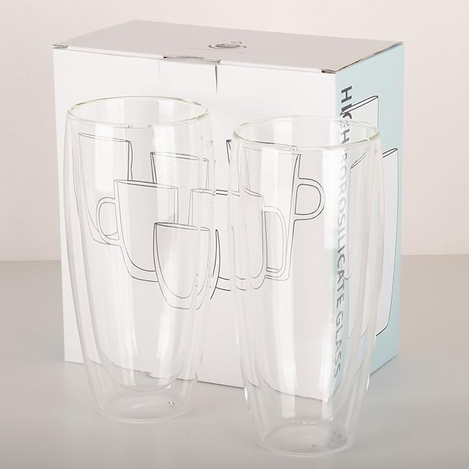 18.5oz Glass Coffee Mugs Set of 2, Double Walled Espresso Cups for Latte Cappuccino Cocoa Milk Cafe Juice, Clear Glass Tea Cup Set Glassware Gift for Christmas Birthday (18.5oz-2Pack)