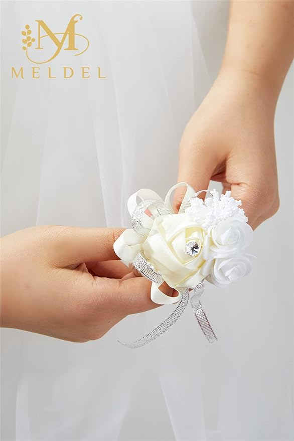 Meldel Beige Wrist Corsage for Prom, 2pcs Champagne Rose Flower Corsages for Bridal Bridesmaid Girl Women, Wrist Flower Set for Wedding Mother of Bride, Hand Flower for Homecoming Anniversary Party
