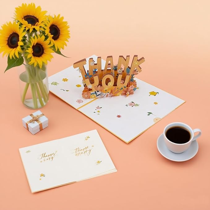 2-Pack Pop Up Thank You Cards for Mom Dad Women Men, 3D Greeting Cards for Nurses Teachers - Sunny Florals Warm-Tone