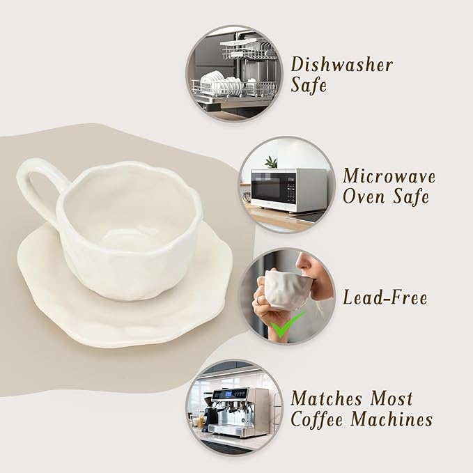 Ceramic Espresso Cups with Saucers 6 oz,Coffe Cups for Cappuccino,Latte,Tea with Saucers Set of 4 - Folds - White