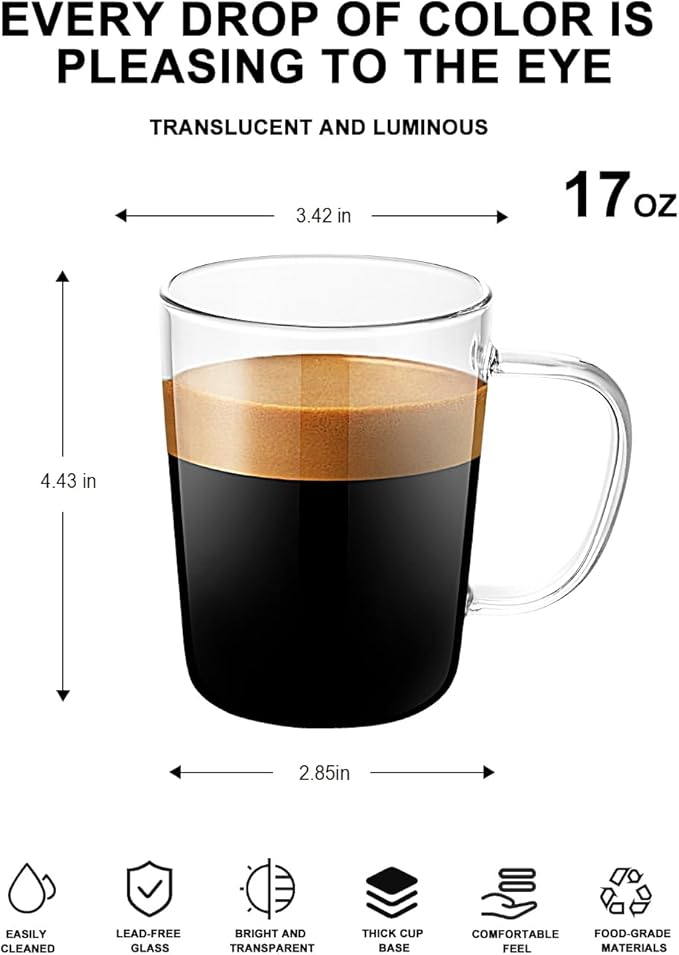 LUXU Glass Coffee Mugs(Set of 4)-17 oz,Clear Beer Mugs,Glass Tea Cups with Comfortable Handle,Lead-free Drinking Glasses,Perfect for Latte,Espresso,Juice,Water,Milk or Hot and Cold Beverage