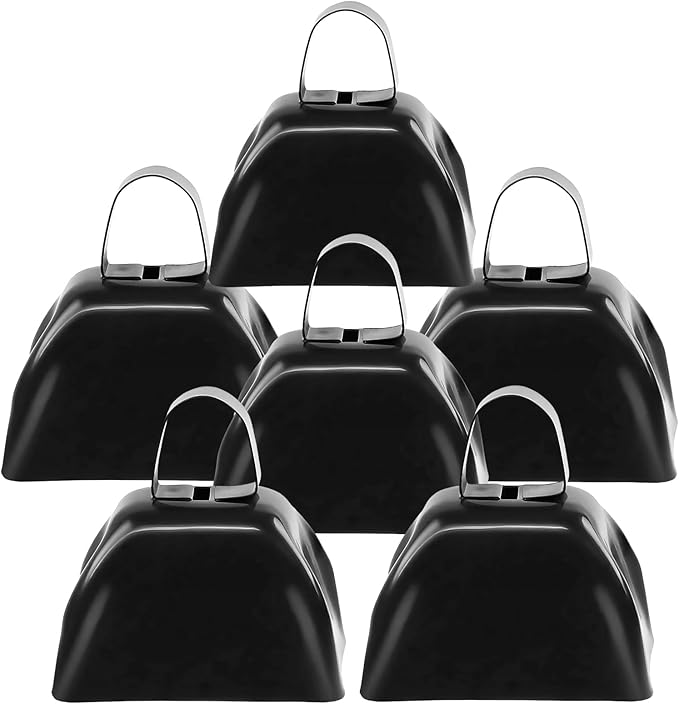 6PCS Metal Cow Bells Noisemakers, 3 Inch Loud Cow Bell Noise Makers for Sporting Events Party Favors with Handles, Great for Football Competitions, Sports Games, Celebration Parties (Black)