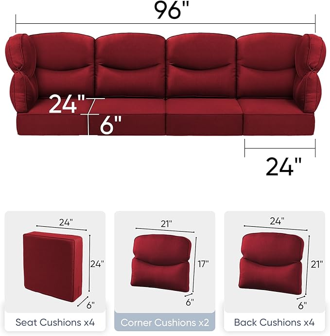 Luxury 24x24x6 Outdoor Chair Cushions Set of 4 - Water-Repellent 10-Piece Cushion Set for Outside Rattan Wicker Loveseat Chair Sectional L-Shape Sofa Patio Conversation Sets - Red/Smile