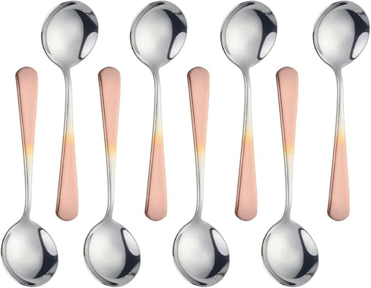 Buyer Star 8 Pieces Stainless Steel Round Soup Spoon, 6.3 Inch Mirror Polished Spoon Cutlery, Dishwasher Safe (Gradual Rose Rold)