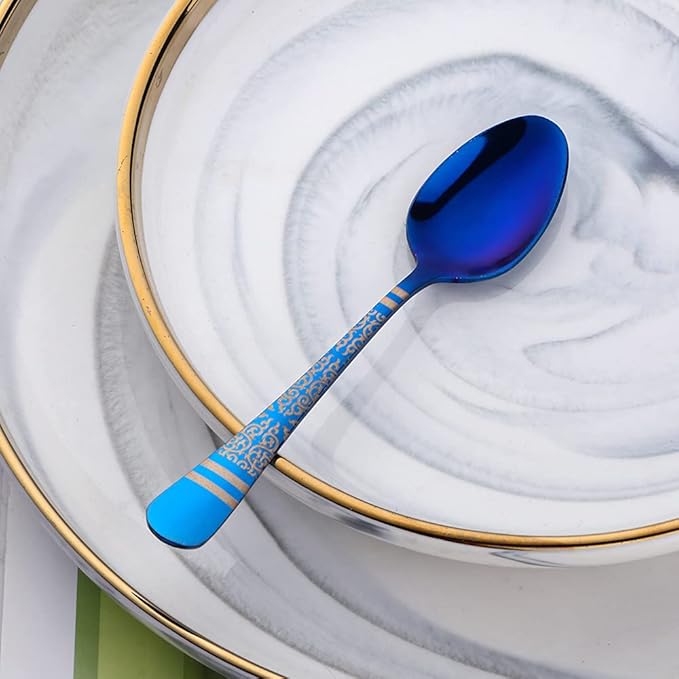 Blue Unique Pattern Design Coffee Espresso Spoons Mini, Mingcheng Stainless Steel Small Teaspoons Silverware Set of 6, BISDARUN 5.5 Inches Food Spoons for Demitasse Dessert Tea