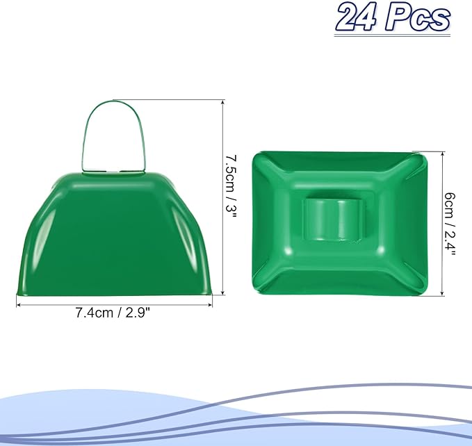 PATIKIL 24pcs Cow Bells for Football Games, 3inch Cowbells for Sporting Events Bulk Loud Noise Makers Metal Cow Bell with Handle for Cheering Wedding,Green