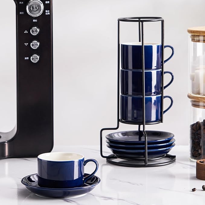 2.5oz Espresso Cups Set of 4, Porcelain Stackable Espresso Cups with Saucers and Metal Stand Set, Blue Expresso Shots Cup Set for Cappuccino, Coffee Drinks, Latte, Tea