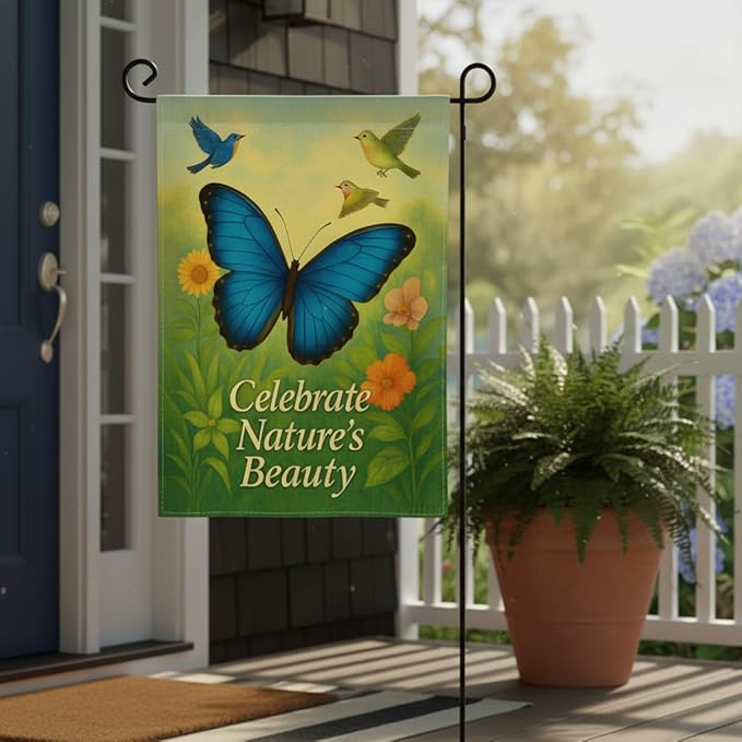 FLAGMEUP8386 Welcome Butterfly Garden Flag 12x18 Inch Double-Sided Polyester Yard Banner with Blue Morpho Songbirds, Fall Flag for Autumn Yard Displays with Celebrate Nature’s Beauty Quote