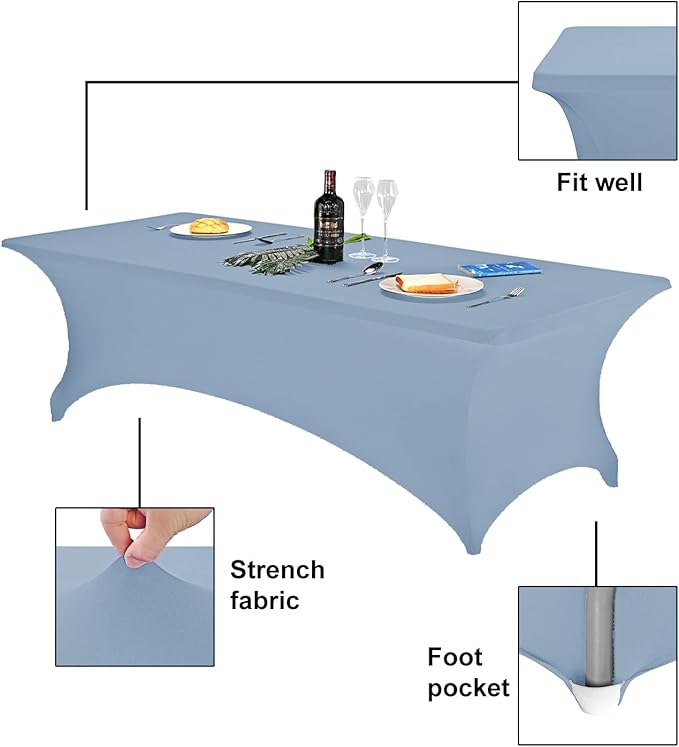 FORLIFE Spandex Table Cover - Fitted 8ft Rectangular Tablecloth, Stretch Patio Cover, Universal for Wedding, Banquet, Party - Dusty Blue
