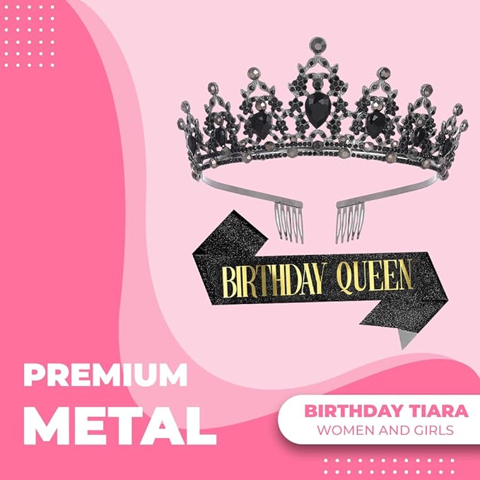 Birthday Tiara Crown with Sash for Women, Headband Hair Accessories for Wedding Party Costume Black
