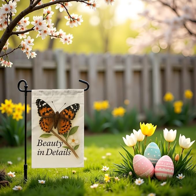 FLAGMEUP8386 Welcome Butterfly Garden Flag 12x18 Inch Double-Sided Polyester Fall Flag with Painted Lady Butterfly on Branch and Blossoms, “Beauty in Details Quote Garden Decoration