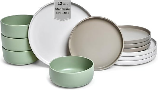 Sango 12-Piece Stoneware Dinnerware Set for 4, Satin Glazed Plates and Bowls Sets with Matte Finish, Ceramic Dish Set, Durable Kitchen Dishes, Microwave & Dishwasher Safe for Casual Dining, Rollo Alta