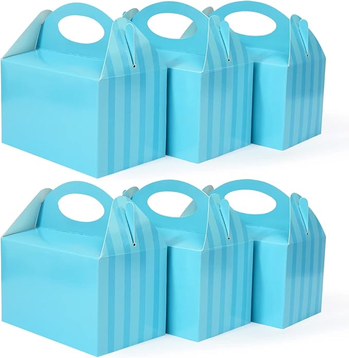 Happyhiram 50 Pcs Blue Party Favor Boxes Blue Striped for Boys and Men, Small Treat Boxes with Handle 6" Gable Candy Boxes Paper Gift Boxes for Kids Son Birthday Baby Shower Bridal Shower