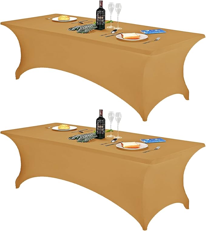 FORLIFE 2Pack Spandex Table Covers，Fitted Tablecloth for Rectangular Tables, Stretch Patio Table Covers, Universal Spandex Table Cover for Wedding, Banquet, Party (8ft, Gold)
