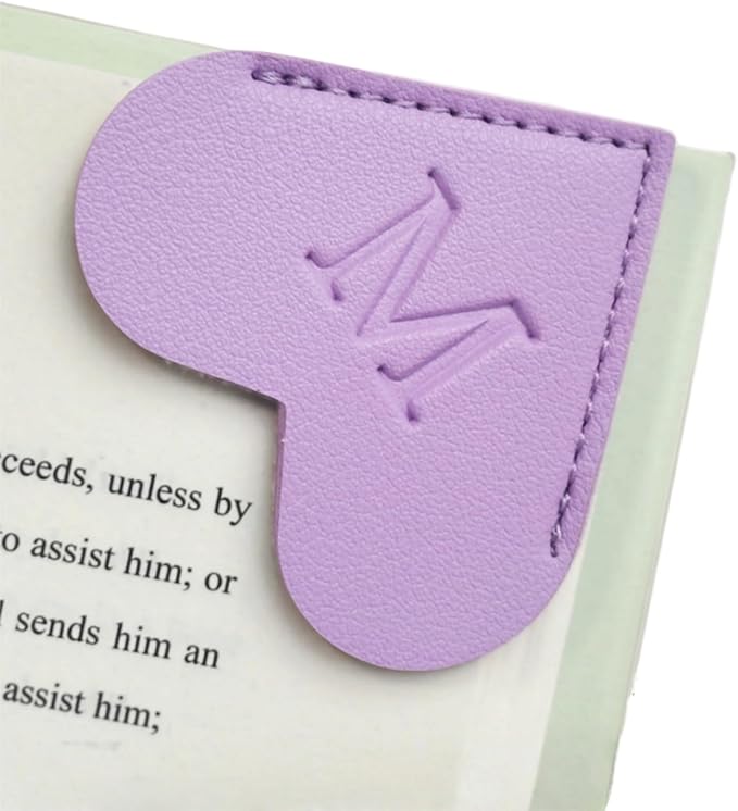 MOTEERLLU Personalized Leather Heart Bookmark with Initials, Handmade, Letter Cute Custom Corner Book Marks for Reading Women, Teachers, Students, Book Lovers, Book Accessories(Purple,M)