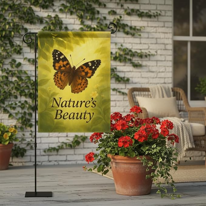 FLAGMEUP8386 Welcome Butterfly Garden Flag 12x18 Inch Double-Sided Polyester Fall Flag with Monarch and Painted Lady on Glowing Leaves, “Nature’s Beauty Quote Seasonal Yard Decoration
