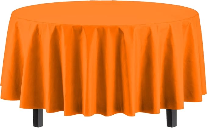 Exquisite 66% Thicker Premium Orange Round Tablecloth 0.5 Mil 6 Pack Plastic Table Cloth Disposable 84 Inch Round Plastic Tablecloth Won't Tear Easily Like Cheap Thin Brands