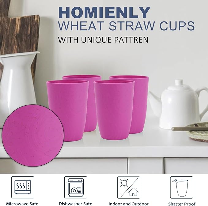 Homienly Wheat Straw Cups - 6 PCS Reusable Unbreakable Drinking Cups - Alternative Plastic Cups - Stackable Water Tumblers - Dishwasher Safe Water Glasses (16 OZ, Pink)